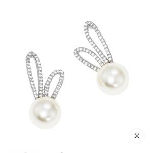Silver and White Pearl Bunny Earrings with Sparkling Stones